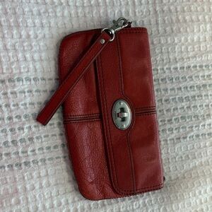 Fossil Red Leather Wristlet with Silver Turn Lock